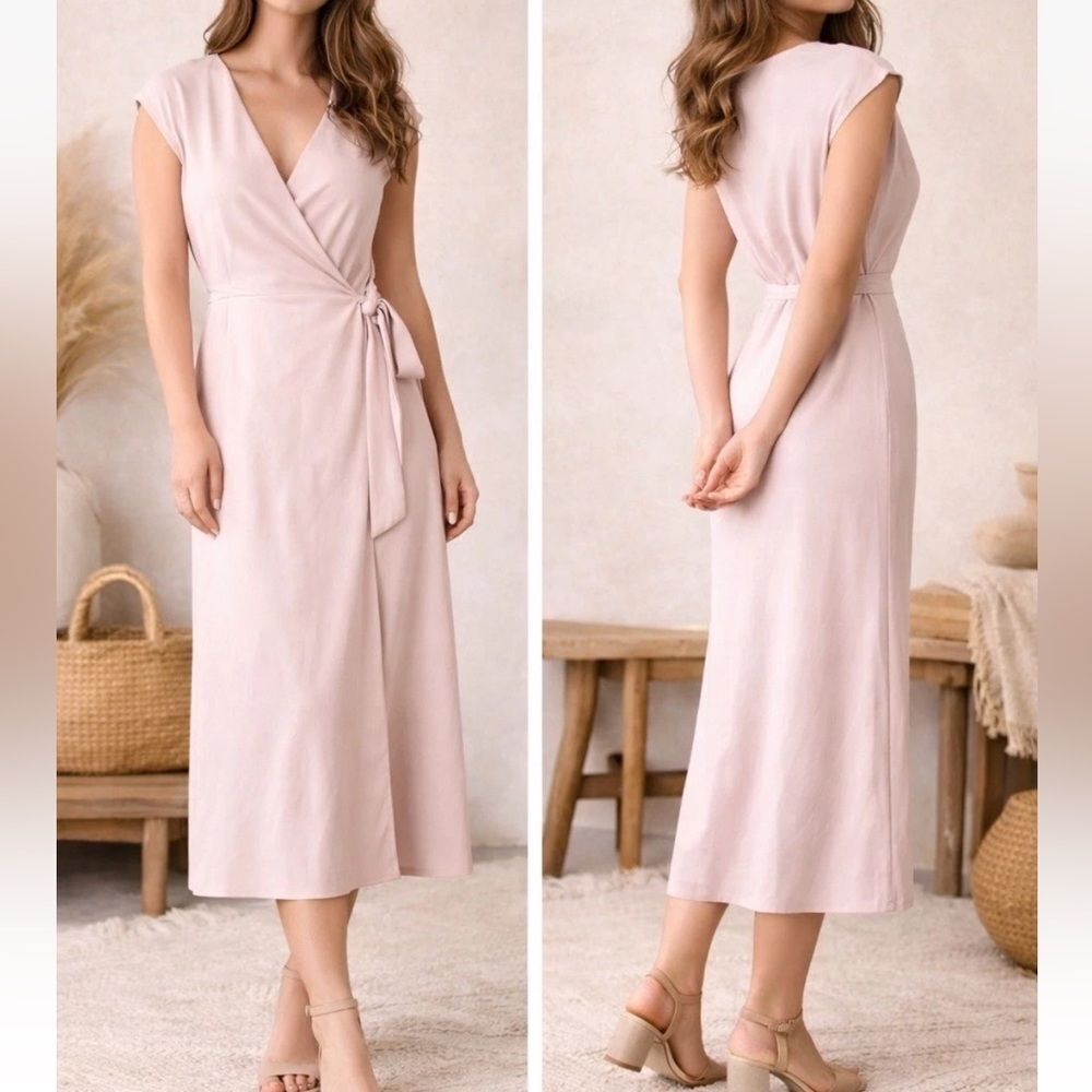 Everlane The Japanese GoWeave Wrap Midi Dress in Soft Pink Preppy size 2